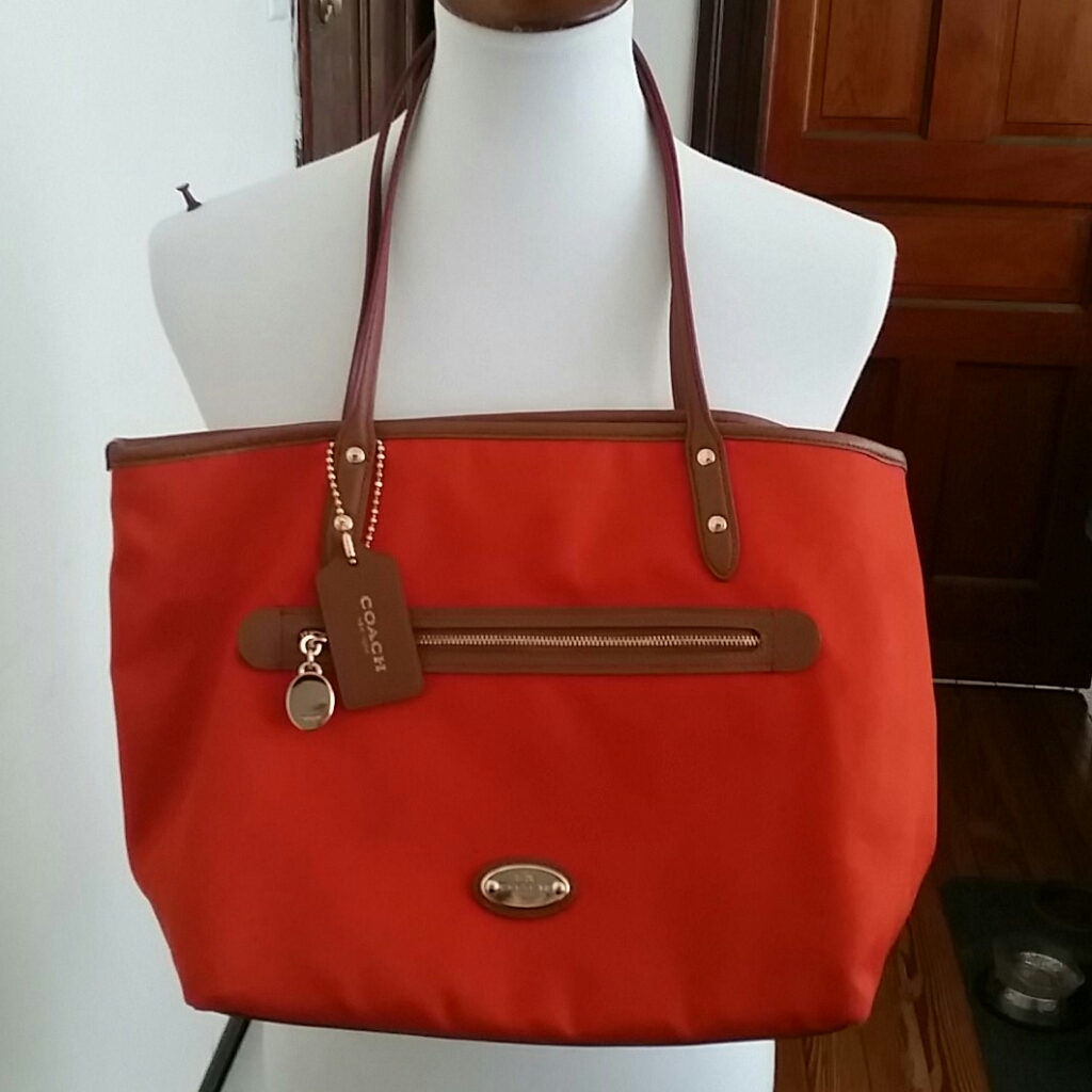 Coach Sawyer Orange & Tan Canvas Leather Tote